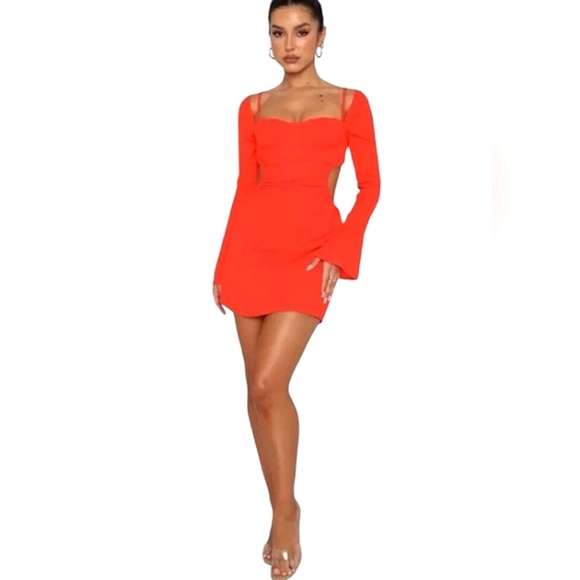 White Fox Fiery Red Cinch Back Cut Out Mini Dress Flare Sleeve Size XS NWT - Picture 1 of 11